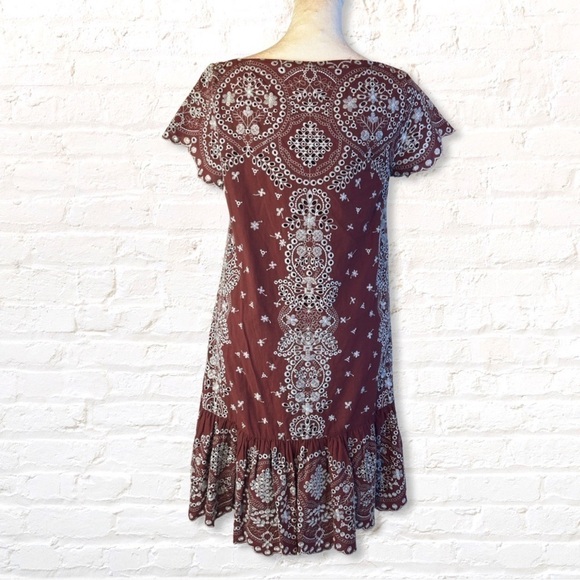 Anthropologie Feather & Bone Ynez Brown  Eyelet Embroidered Mini Dress Size XS - Picture 4 of 12